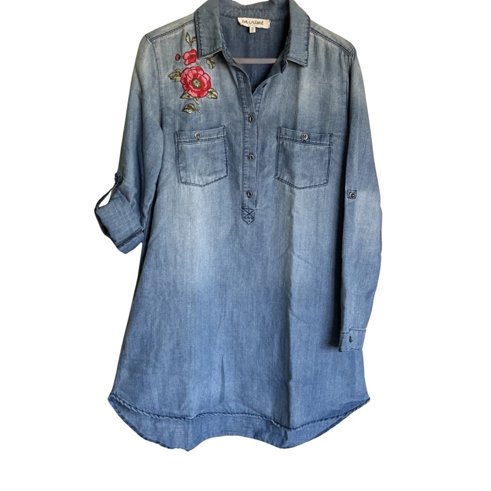 En Crème Denim Tunic Top Women’s large Embroidered Floral Chambray Shirt Boho